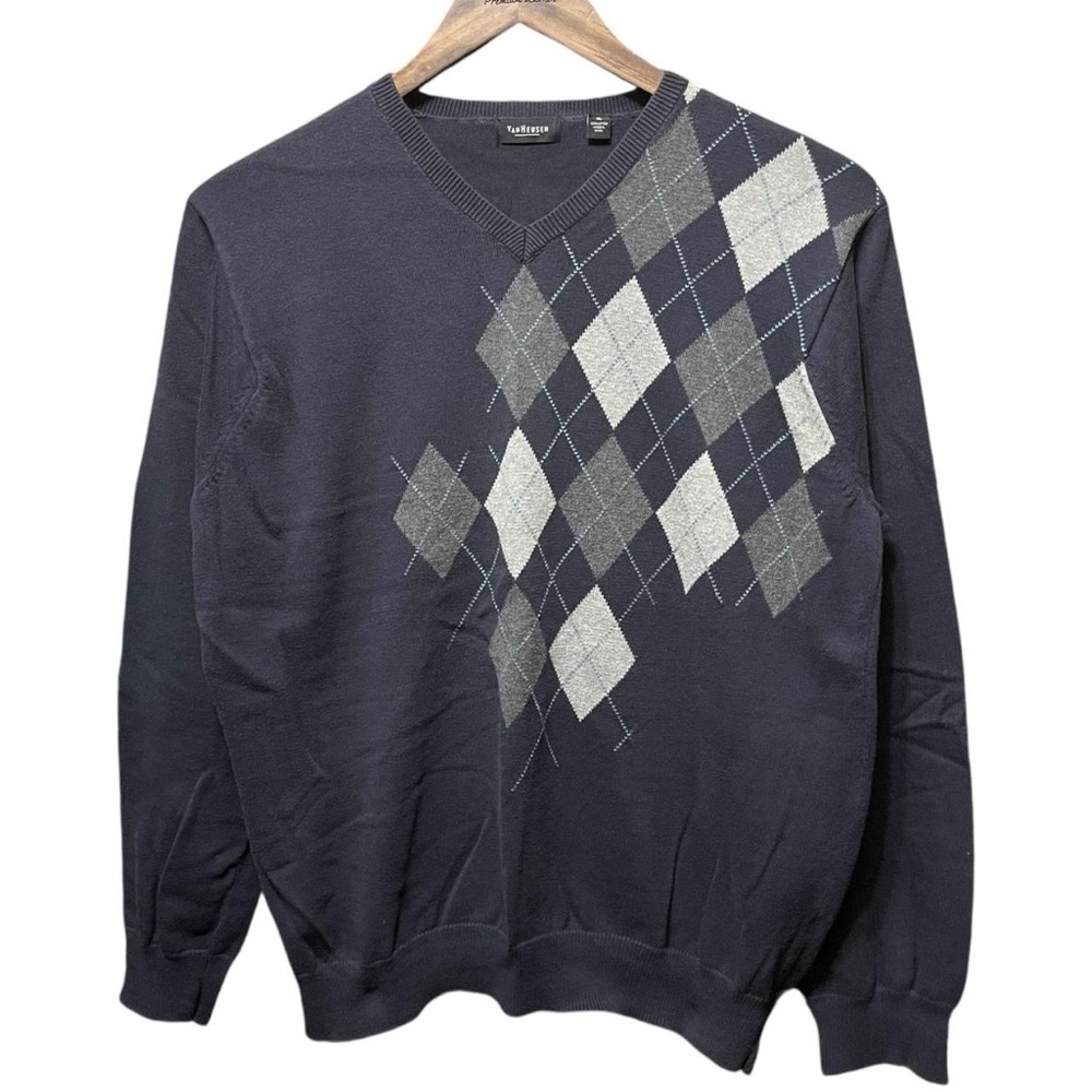 navy blue Grey Van Heusen Argyle pattern V-neck long sleeve fall winter sweater